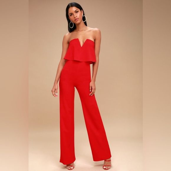 Lulus Pants - Lulus Power of Love Red Strapless V Neck Wide Leg Jumpsuit